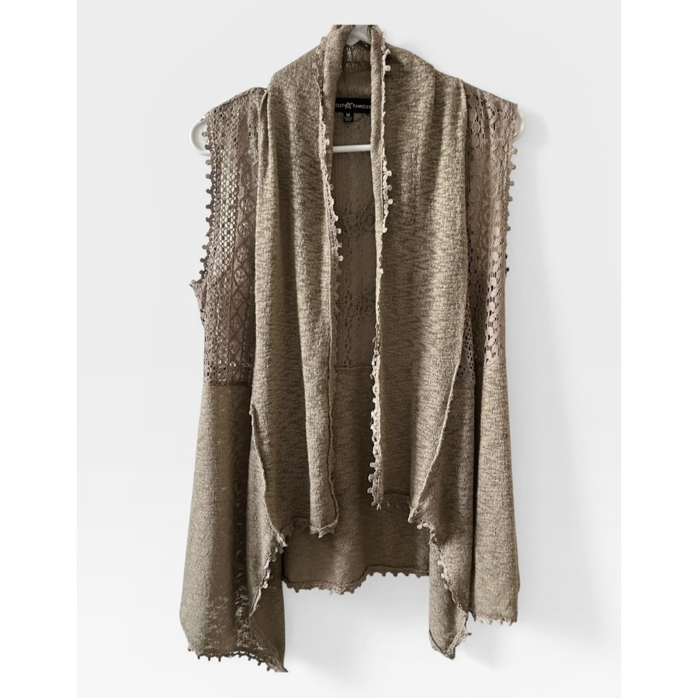 Almost Famous Cardigan Womens Taupe Brown Crochet Lace Trim Open  Vest Medium